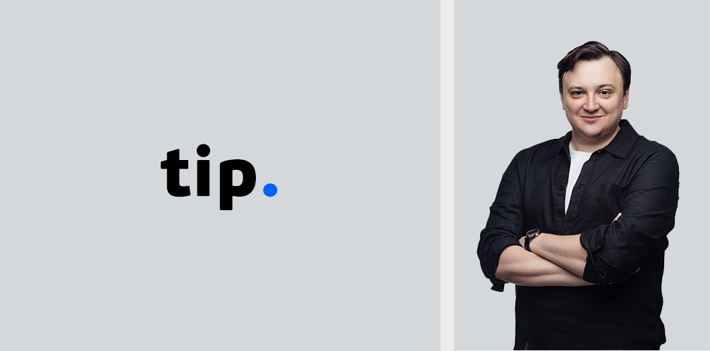 On the left: Tip logotype on gray background. On the right: the founder of Tip Device, Taras Kosik looking into camera with smile on the same gray background